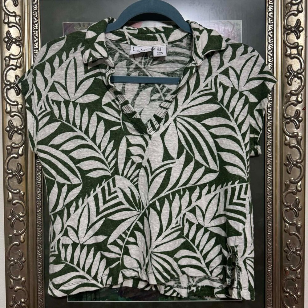 Nicole Miller Green & White Botanical Linen Blouse Size Medium